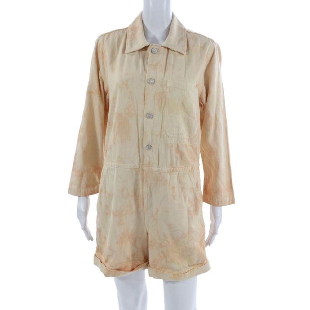 Amo Womens Romper Beige Tie Dye Collared Long Sleeve Button Cotton Size XS